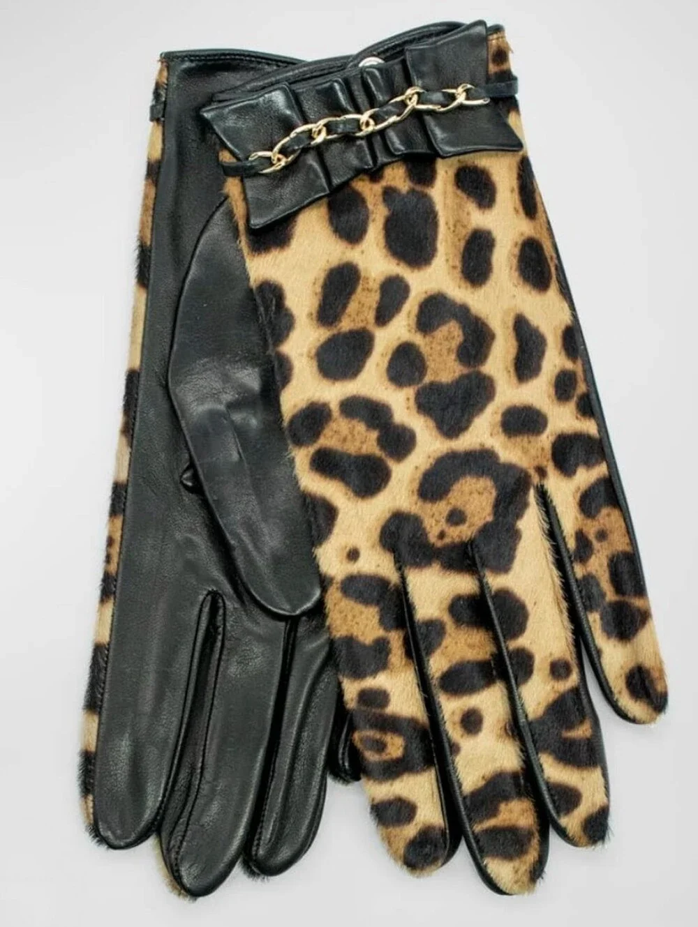 Portolano Ruffle Chain Leopard-Print Nappa Leather Gloves